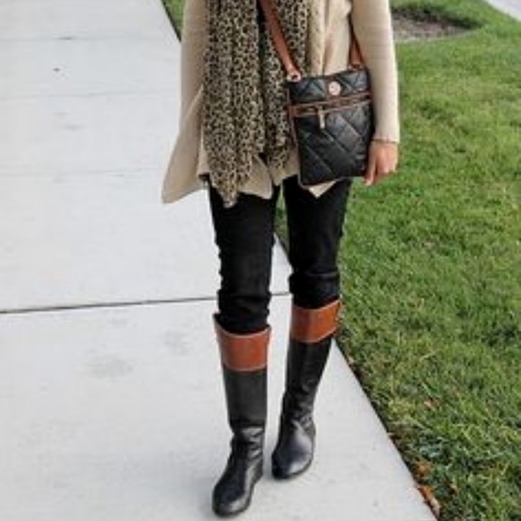 Wide Calf Boots Liz Claiborne Tilia Black Brown Riding Boots Size 9 1/2 W - Picture 2 of 16